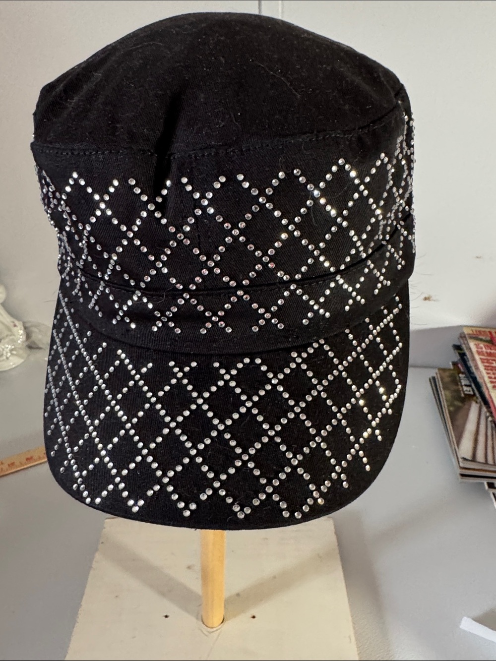 Rhinestone Studded Black Cadet Cap